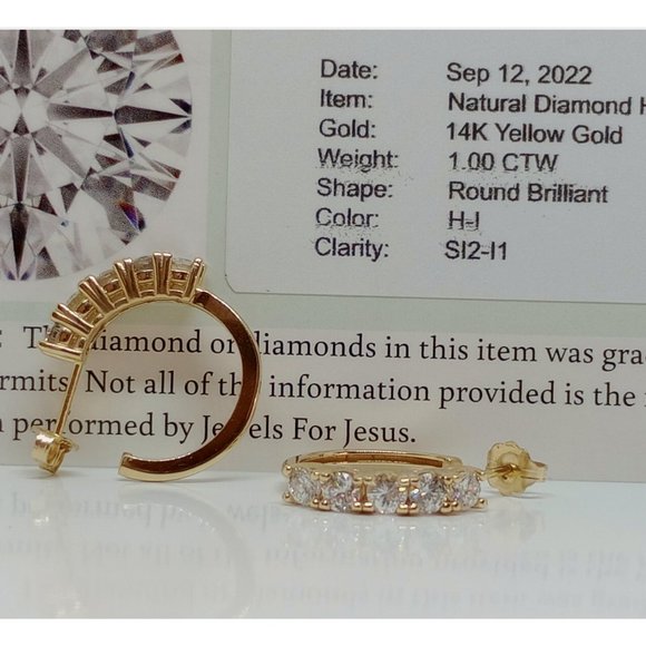 14k Yellow Gold Diamond Hoop Earrings Natural Round SI Brilliant Cut diamonds - Picture 2 of 6